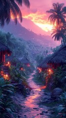 Peaceful Village Twilight, Majestic Hues of Nature's Canvas