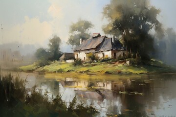 Fototapeta na wymiar Traditional oil paintings showcasing a serene rural landscape with an old house by a lake. Generative AI