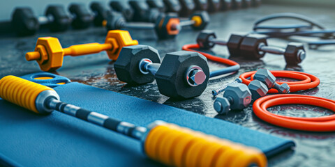 Fototapeta premium Fitness equipment arrangement, a motivational health background showcasing neatly arranged fitness equipment such as dumbbells.