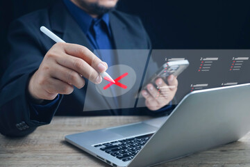 Businessman tick mark to rejected and approve document checklist.check problem solution management...