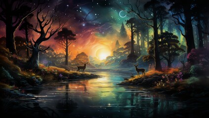 Wild animals in the forest at night painting. 