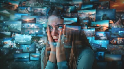 woman amidst negative news, feelings of despair: news bringing gloom, living in a world of bad news, in fear and uncertainty