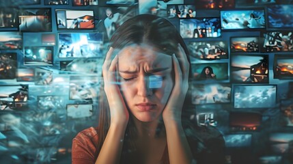 woman amidst negative news, feelings of despair: news bringing gloom, living in a world of bad news, in fear and uncertainty