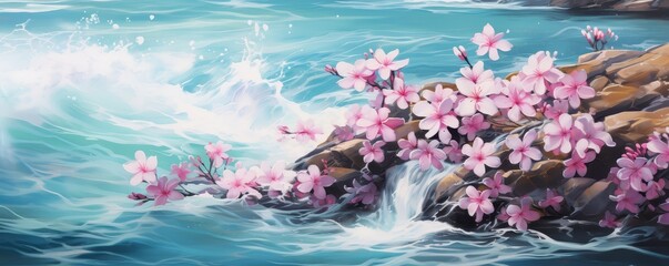 Fototapeta na wymiar tidal waves over rocks and plumeria flowers