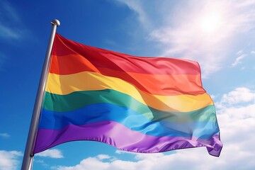 Rainbow Pride Flag flying in the wind and against a Bright Blue Sky with Clouds in Background