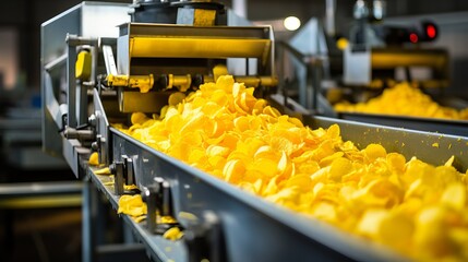 Automated potato chips packaging line on conveyor belt for crispy snack production