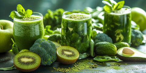 Green smoothie assortment, a health background showcasing a variety of vibrant green smoothies made with fresh ingredients.