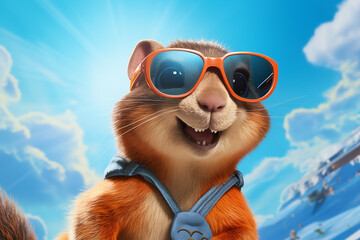 Cheerful Squirrel with Aviator Sunglasses Against a Sky Background