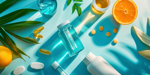 Health and wellness essentials, a composed health background featuring essential items such as vitamins, water bottles, etc.