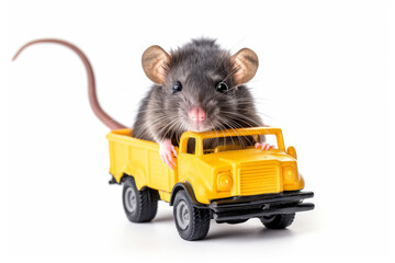 Cute rat sitting in a yellow toy dump truck, isolated on white background