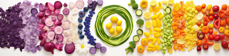 Top view of raw vegetables and fruits assortment arranged in circular and swirl shapes. Colorful vegetarian food banner on white background. Generative AI.	 