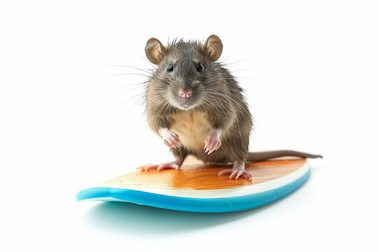 Rat on a wooden surfboard, isolated on white background