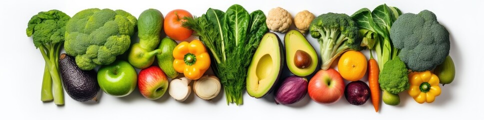 Top view of raw vegetables and fruits assortment. Colorful vegetarian food banner on white background. Generative AI.	