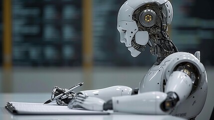 Fototapeta premium Futuristic ai robot writing with pen, replacing human assistant, homework helper chatbot