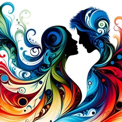 Silhouette of a loving couple on a colorful floral background. 
Love, Heart and Flame, Clipart, Wall Art, Heart Shaped, Digital Download, Lovers Silhouettes, Home Decor, Fire Magic, Valentine's Day.
