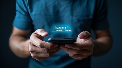 Interactive holographic  lost connection  text icon shining over mobile phone in hands