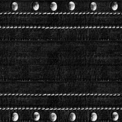 Seamless texture photo of black leather striped belt with stitches and rivets.