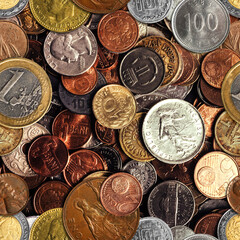 Seamless texture of  various world coins pile, upper view pattern.
