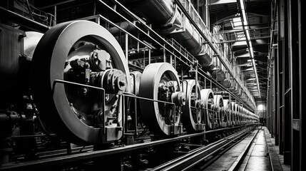 The rhythmic rhythm of machinery echoes through the industrial landscape, captured in a black and...