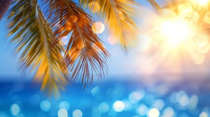 Miami vice inspired tropical scene with blurred defocused beach background and copy space