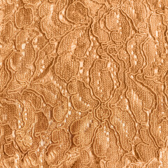 Seamless texture photo of beige cotton lace floral patterned material on white backdrop.