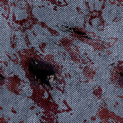 Seamless texture photo of blue colored torn and blood splattered denim or jeans material.