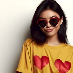 Photograph of young Asian girl smiling cheerful with sunglasses.