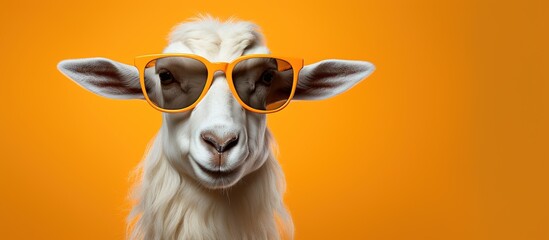 Fototapeta premium Close-up funny sheep face wearing glasses on orange background with copy space.