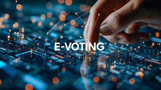 Secure e voting concept  hand pressing  e voting  text with holograms on dark blue background