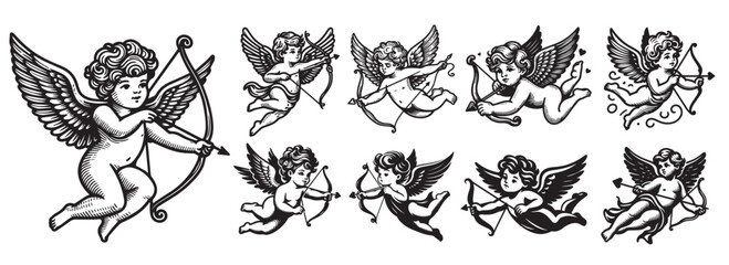 Cupids, children's angels shooting love hearts, decorative black and white vector graphics
