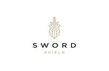 Sword shield logo with line art style design template - obrazy, fototapety, plakaty