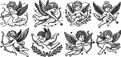 Cupids, angels of love for Valentine's Day, collection of black and white vectors