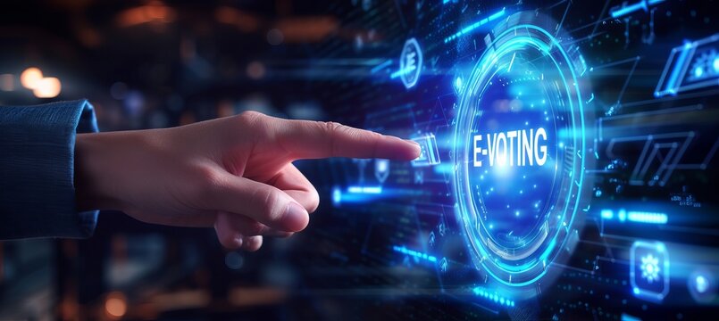 E voting concept with shining text and security holograms on dark blue background