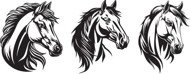 Horse heads, black and white decorative vector