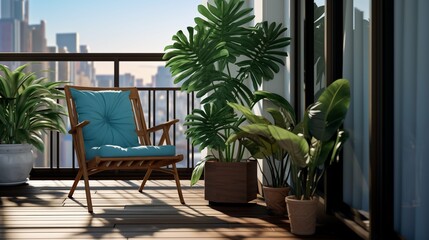 A balcony adorned with a chair and potted plants, creating a serene and inviting outdoor space.
