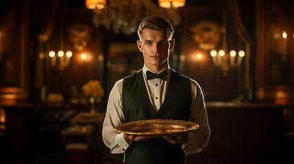 A waiter holding a tray of food in a restaurant, ready to serve the customers with delicious dishes.
 - obrazy, fototapety, plakaty