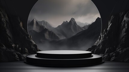 An empty stage with a majestic mountain backdrop, creating a serene and captivating atmosphere.
