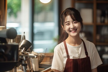 beautiful asian girl working as a barista waitress in a cafe restaurant