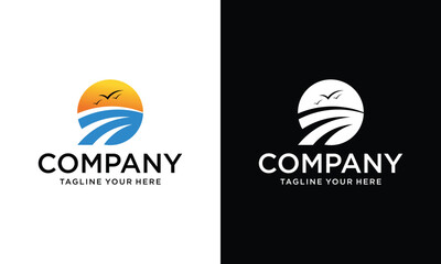 Travel logo template. Sun with sea waves.on a black and white background.