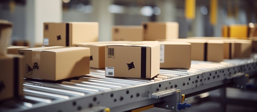 Cardboard boxes on conveyor belt in warehouse. Packaging service and parcels.