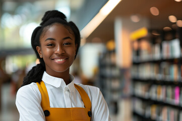 Confident Young Black Female Student, Bright Smile in Library, Modern Casual Style