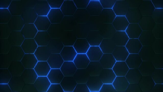 Futuristic hexagons honeycomb cyberspace surface, 4k Abstract Trendy Technology Background with glowing blue neon lights moving waves, looping animation 

