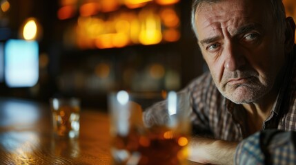 A middleaged man sitting alone at a bar a gl of whiskey in front of him a distant and vacant expression on his face.