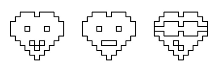 Set of hearts emoticon or emoji in pixel art style, vector outline for coloring book