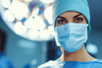 Dedicated Female Surgeon in Blue, Steely Gaze Amidst Operating Lights