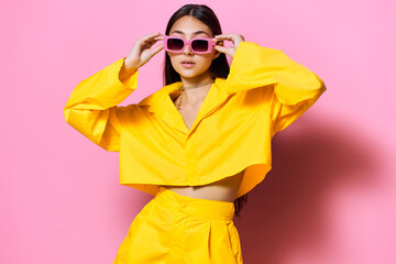 sunglasses woman lifestyle girl attractive young fashion trendy beautiful model yellow