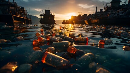 A polluted coastline with trash strewn across the sand and plastic bottles floating in the polluted water - obrazy, fototapety, plakaty