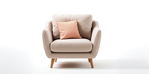 Single seat beige couch with pillow on white background, separate angle.