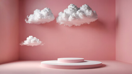 Fototapeta na wymiar Clouds in soft red tones encircle a podium, set against a pink backdrop in a 3D render, embodying beauty with a powdery aesthetic