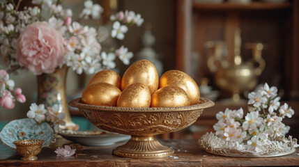 Fototapeta na wymiar Antique Golden Bowl Filled with Gilded Eggs and Spring Flowers